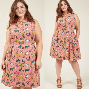 MODCLOTH PINK A LINE HORSE PRINT DRESS WITH POCKETS SHIRT DRESS BUTTONS